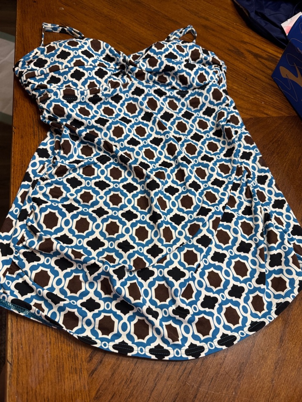 Lands' End Blue, Brown and Cream Patterned Swim Top